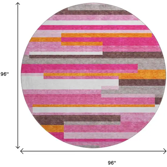 8' Blush Orange And Gray Striped Washable Round Rug With UV Protection Photo 9