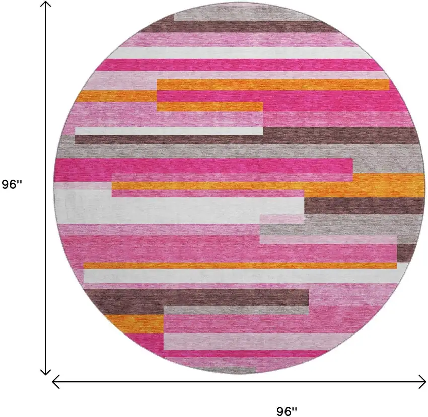 8' Blush Orange And Gray Striped Washable Round Rug With UV Protection Photo 9
