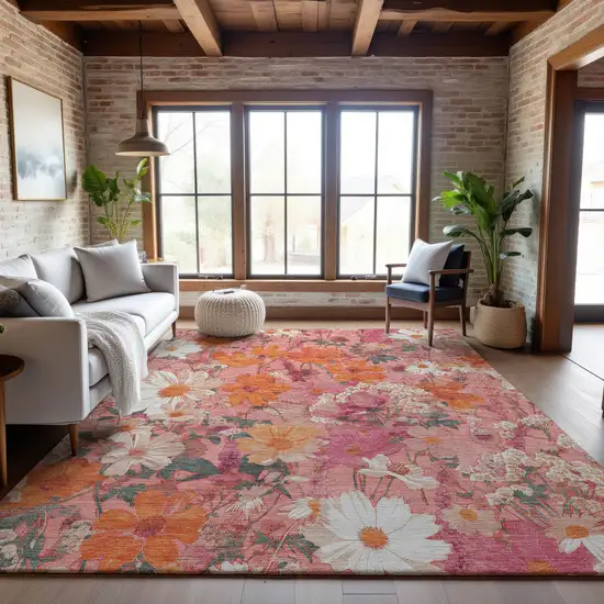 8' Blush Orange And Ivory Floral Washable Area Rug With UV Protection Photo 5
