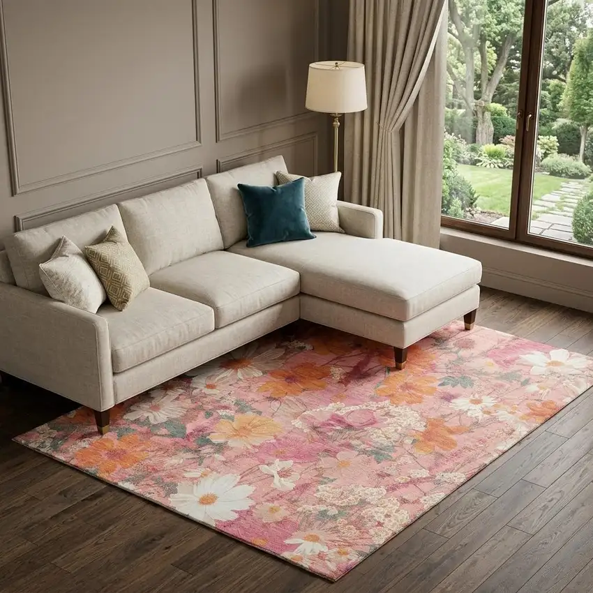 8' Blush Orange And Ivory Floral Washable Area Rug With UV Protection Photo 1