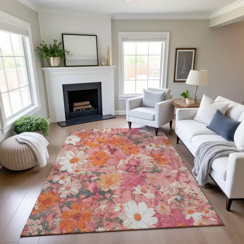 8' Blush Orange And Ivory Floral Washable Area Rug With UV Protection Photo 4