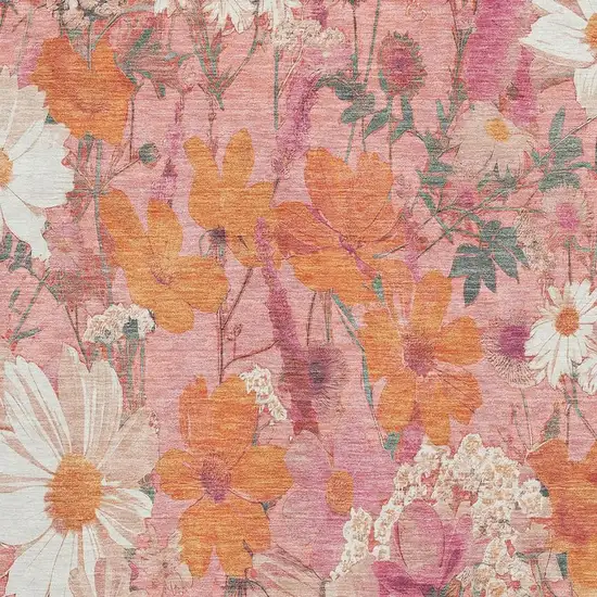 8' Blush Orange And Ivory Floral Washable Area Rug With UV Protection Photo 2