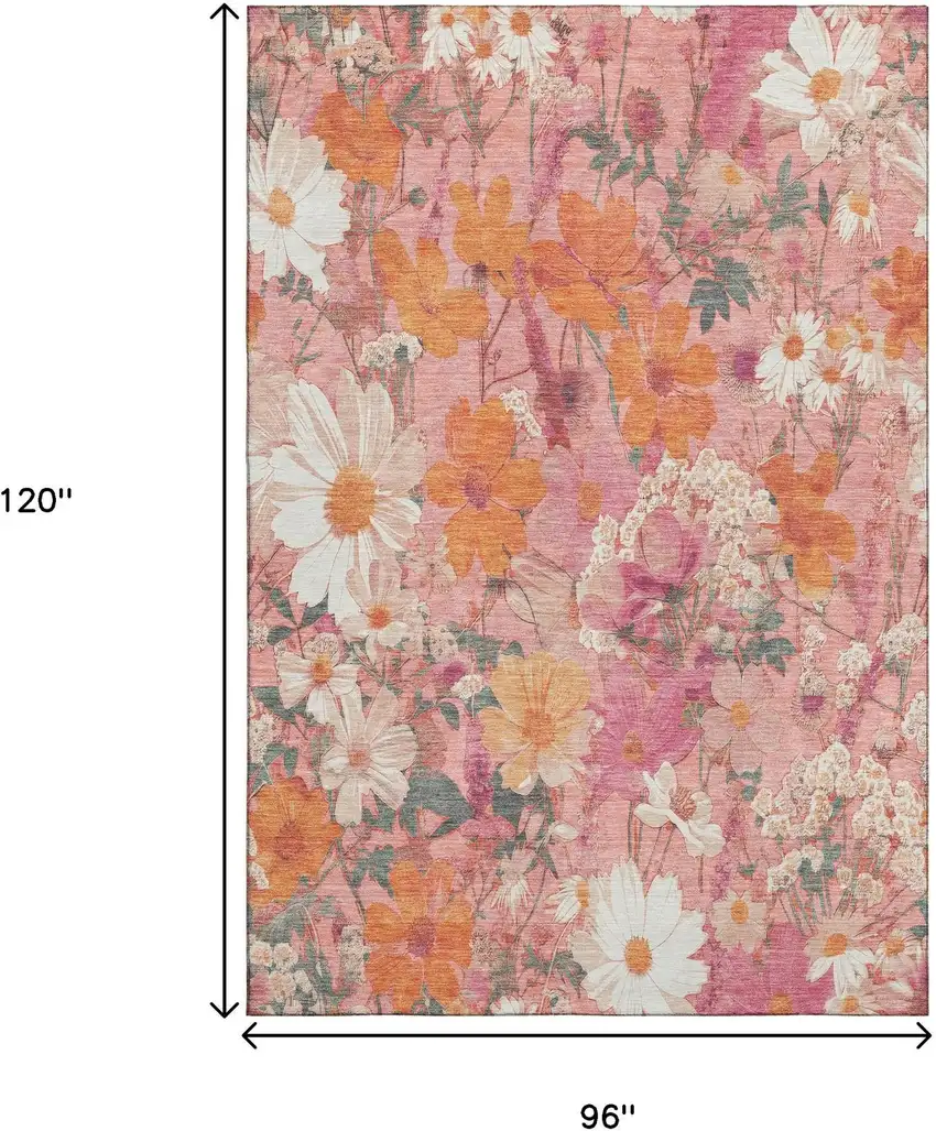 8' Blush Orange And Ivory Floral Washable Area Rug With UV Protection Photo 6