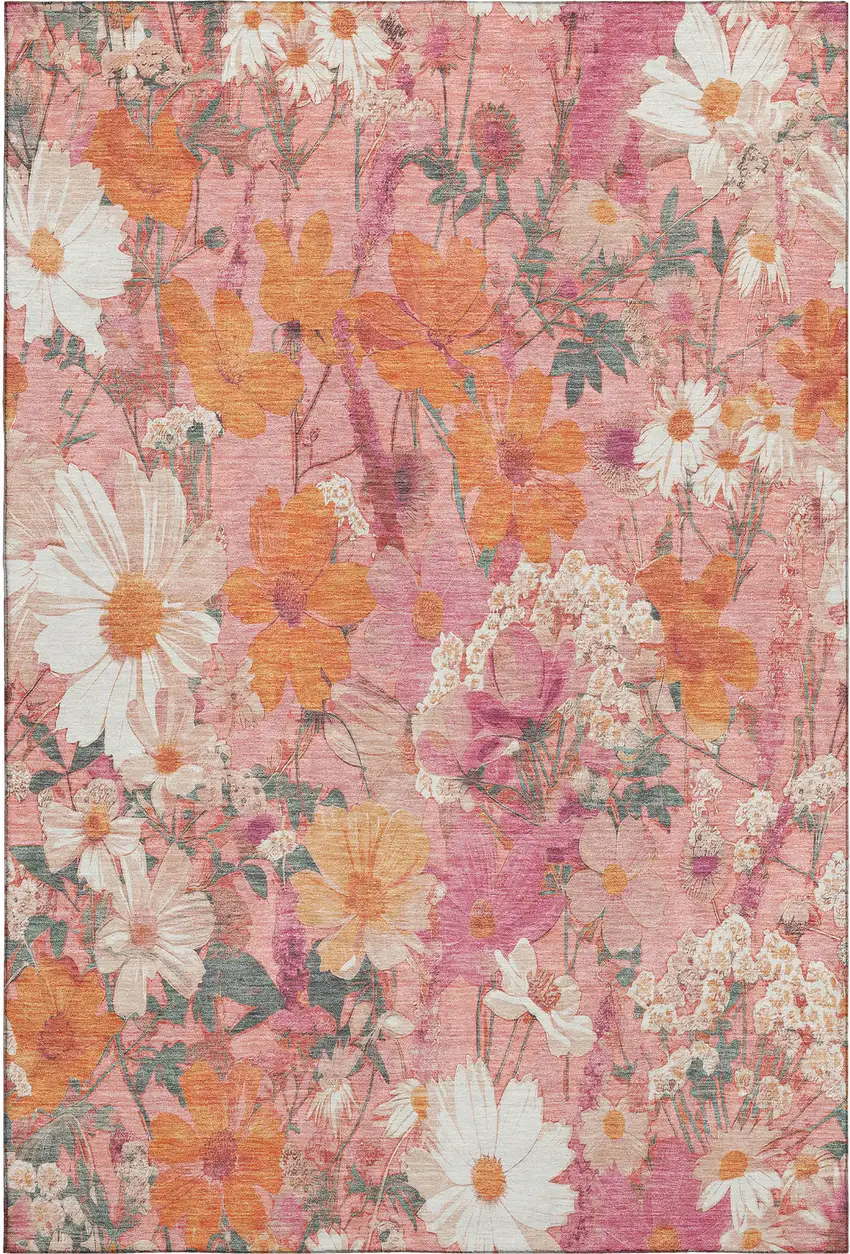 8' Blush Orange And Ivory Floral Washable Area Rug With UV Protection Photo 1