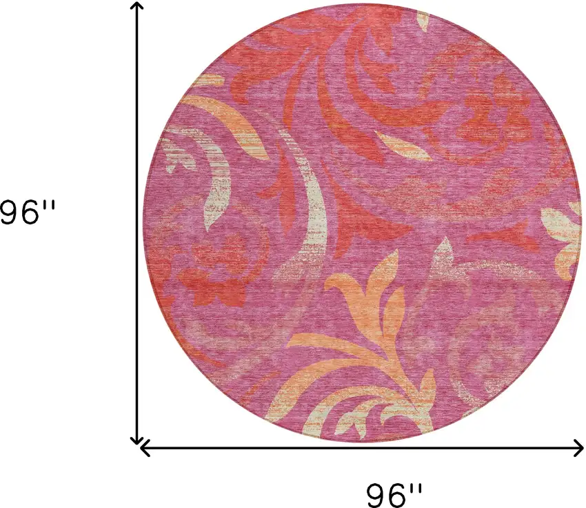 8' Blush Orange And Ivory Round Floral Washable Indoor Outdoor Area Rug Photo 9