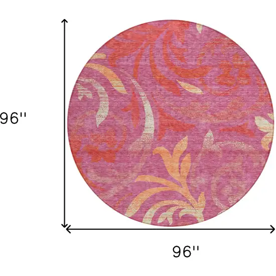 8' Blush Orange And Ivory Round Floral Washable Indoor Outdoor Area Rug Photo 9