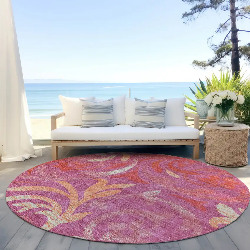 8' Blush Orange And Ivory Round Floral Washable Indoor Outdoor Area Rug Photo 7