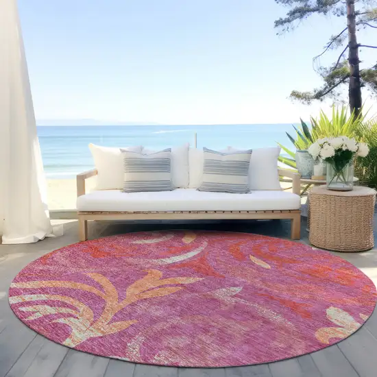 8' Blush Orange And Ivory Round Floral Washable Indoor Outdoor Area Rug Photo 7