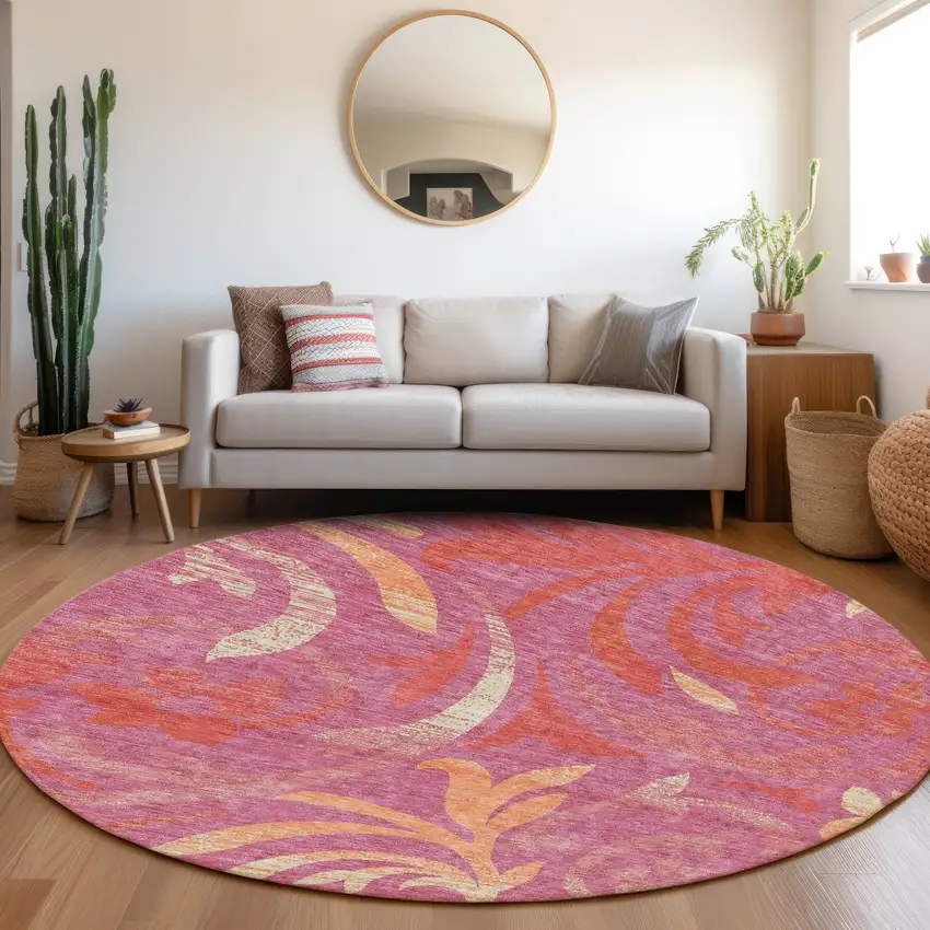 8' Blush Orange And Ivory Round Floral Washable Indoor Outdoor Area Rug Photo 8