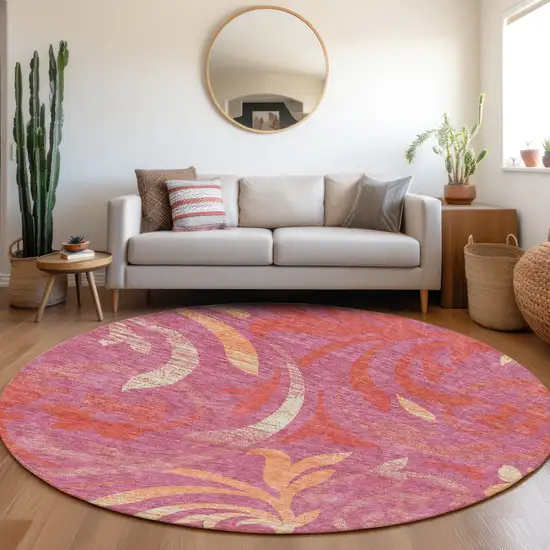 8' Blush Orange And Ivory Round Floral Washable Indoor Outdoor Area Rug Photo 8
