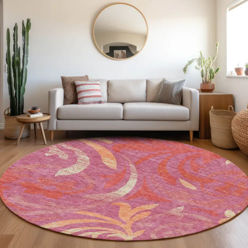 8' Blush Orange And Ivory Round Floral Washable Indoor Outdoor Area Rug Photo 8