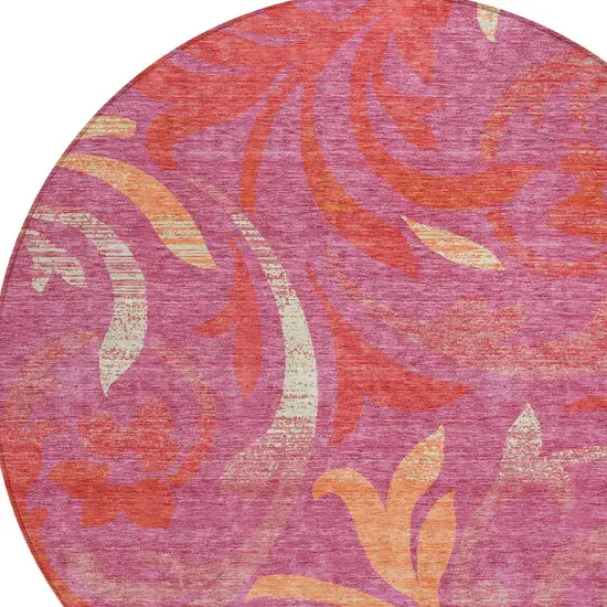 8' Blush Orange And Ivory Round Floral Washable Indoor Outdoor Area Rug Photo 5
