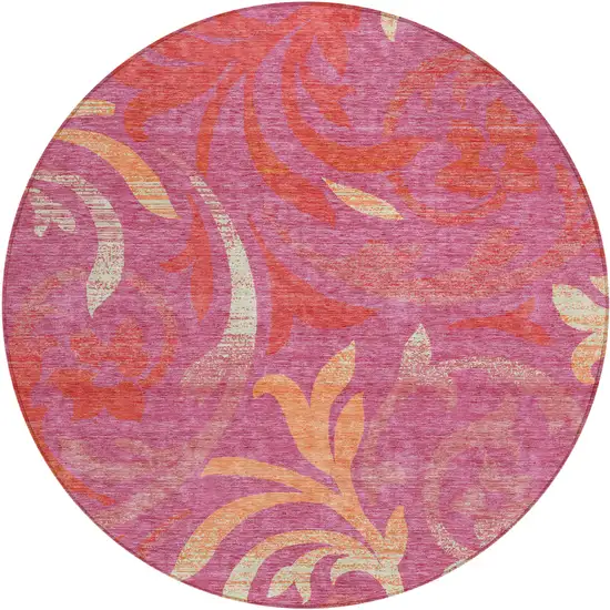 8' Blush Orange And Ivory Round Floral Washable Indoor Outdoor Area Rug Photo 1