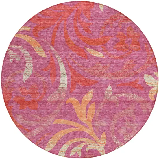 8' Blush Orange And Ivory Round Floral Washable Indoor Outdoor Area Rug Photo 1
