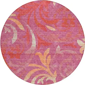 Photo of 8' Blush Orange And Ivory Round Floral Washable Indoor Outdoor Area Rug