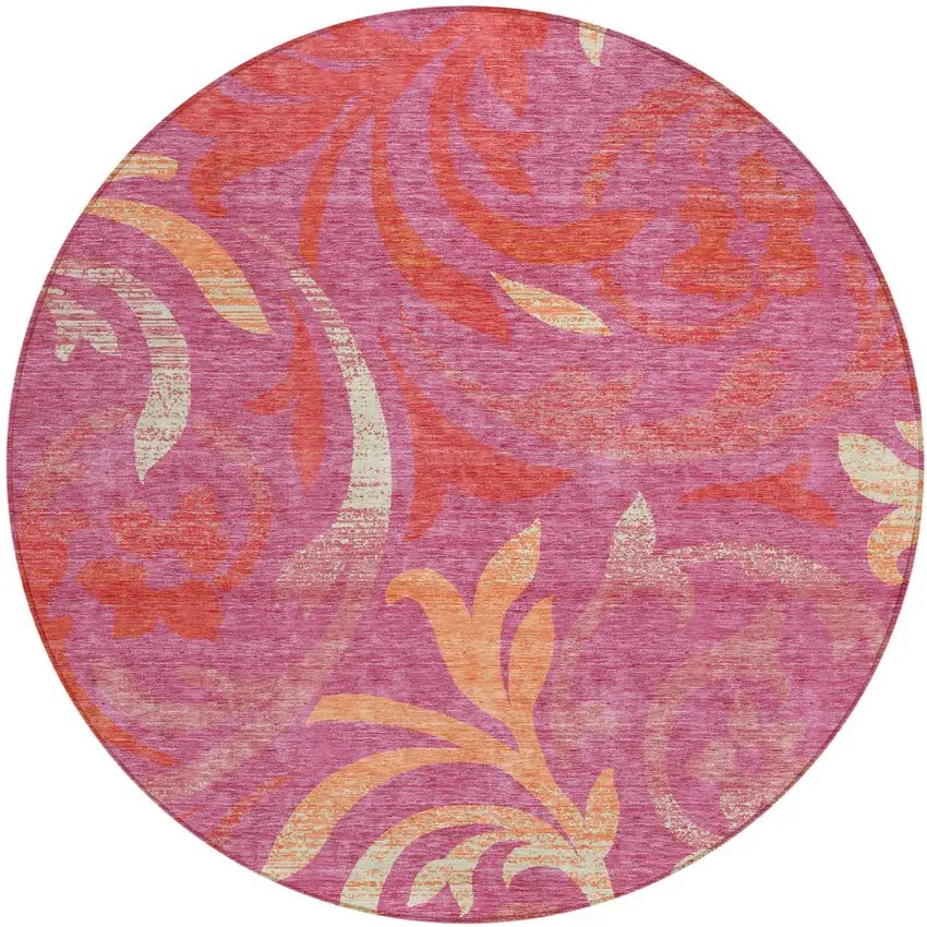 8' Blush Orange And Ivory Round Floral Washable Indoor Outdoor Area Rug Photo 1