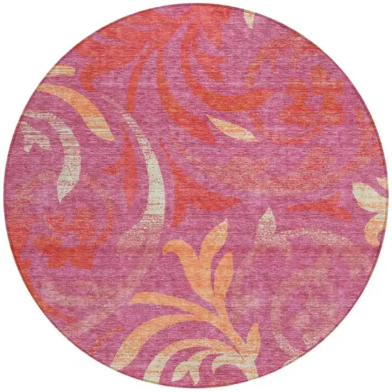 8' Blush Orange And Ivory Round Floral Washable Indoor Outdoor Area Rug Photo 6
