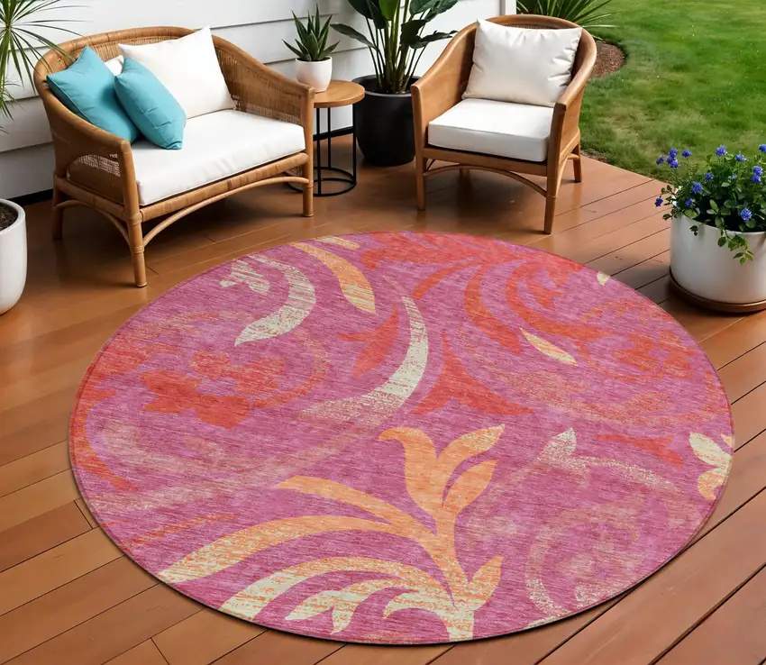 8' Blush Orange And Ivory Round Floral Washable Indoor Outdoor Area Rug Photo 1