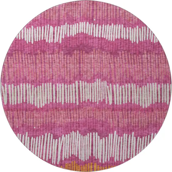 8' Blush Orange And Ivory Striped Washable Round Rug With UV Protection Photo 3