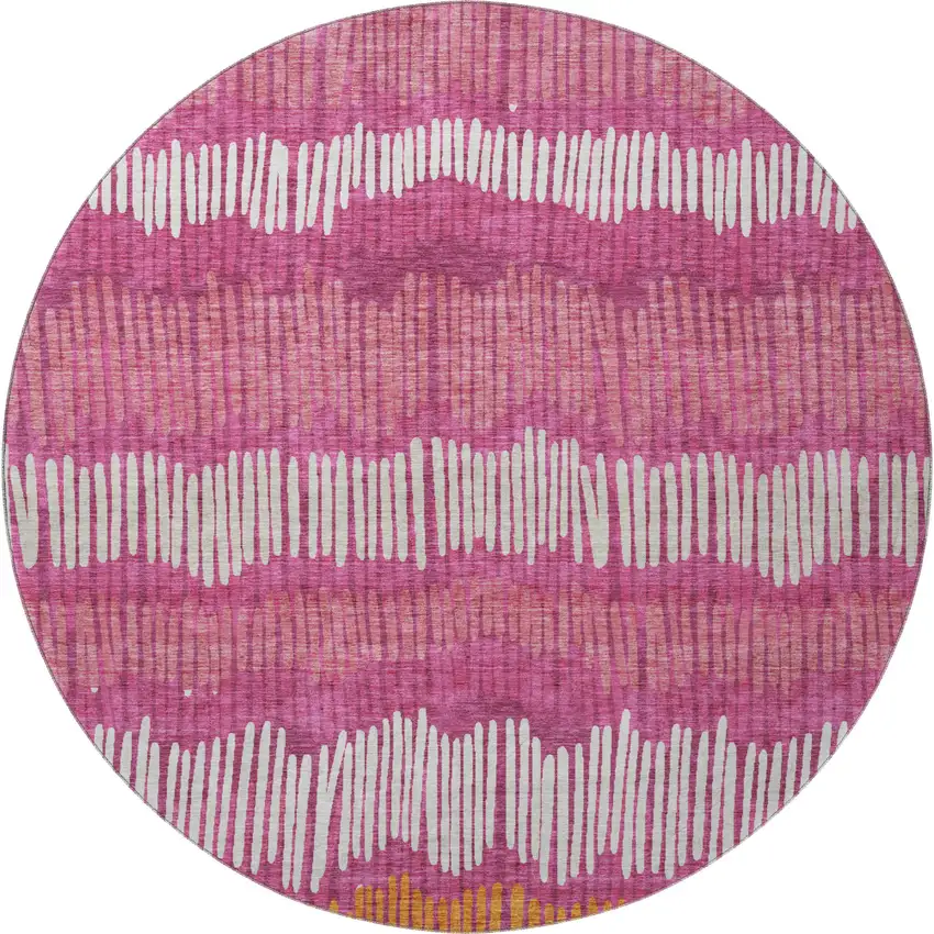 8' Blush Orange And Ivory Striped Washable Round Rug With UV Protection Photo 3