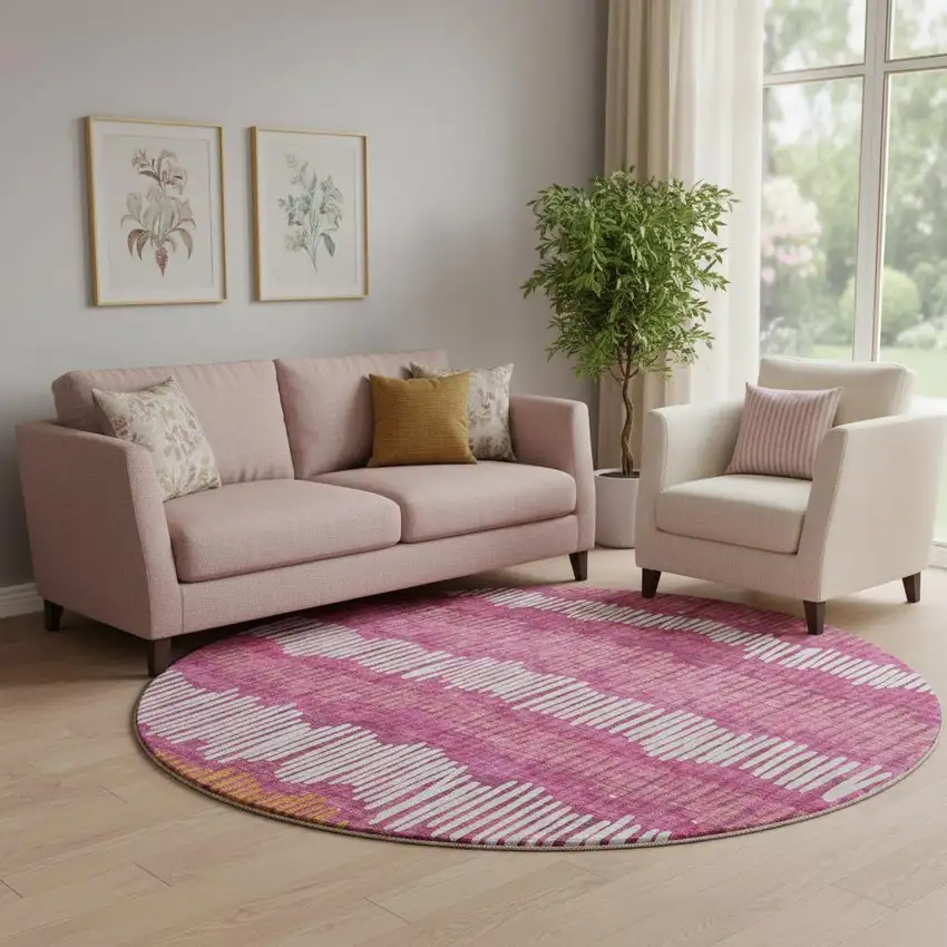 8' Blush Orange And Ivory Striped Washable Round Rug With UV Protection Photo 1