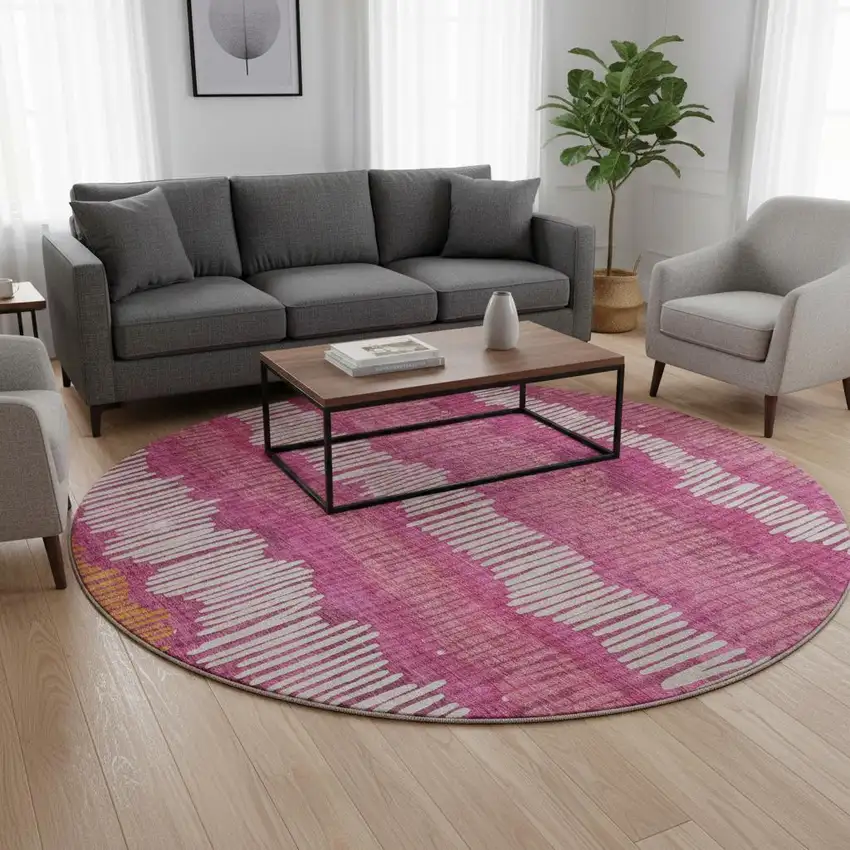 8' Blush Orange And Ivory Striped Washable Round Rug With UV Protection Photo 2