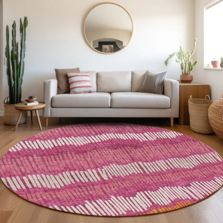 8' Blush Orange And Ivory Striped Washable Round Rug With UV Protection Photo 4