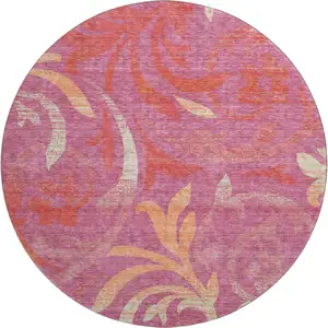 Photo of 8' Blush Orange And Red Floral Washable Round Rug With UV Protection