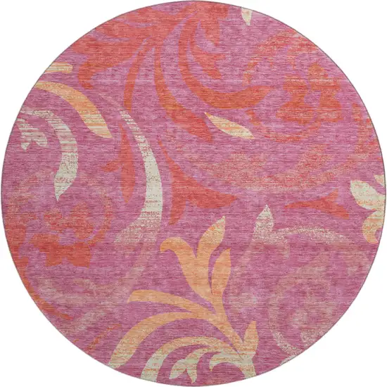 8' Blush Orange And Red Floral Washable Round Rug With UV Protection Photo 1