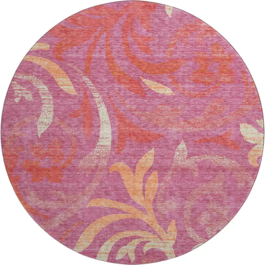 8' Blush Orange And Red Floral Washable Round Rug With UV Protection Photo 1