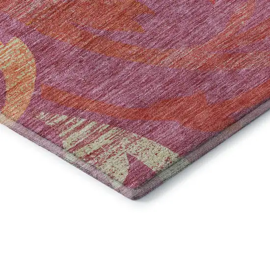 8' Blush Orange And Red Floral Washable Round Rug With UV Protection Photo 7