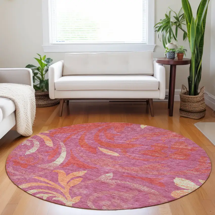 8' Blush Orange And Red Floral Washable Round Rug With UV Protection Photo 5