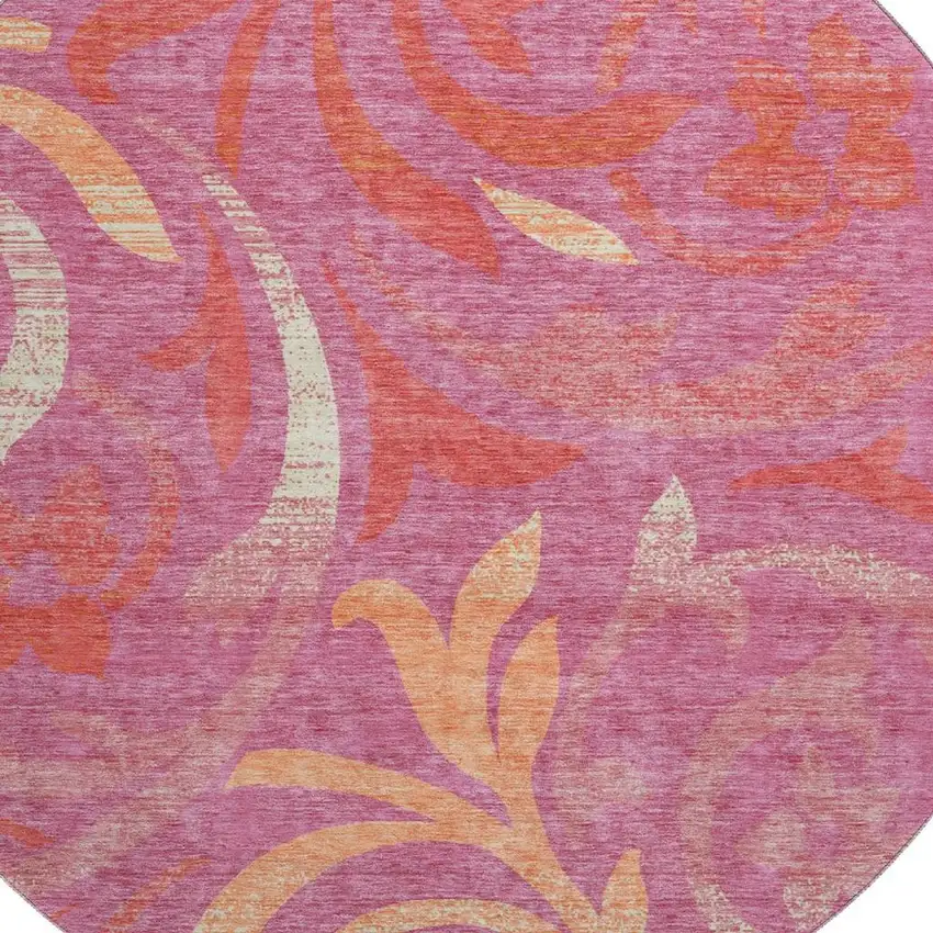 8' Blush Orange And Red Floral Washable Round Rug With UV Protection Photo 3