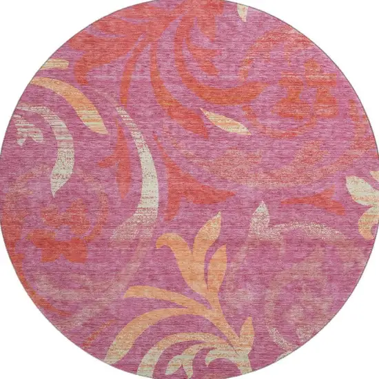 8' Blush Orange And Red Floral Washable Round Rug With UV Protection Photo 4