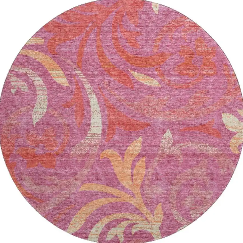 8' Blush Orange And Red Floral Washable Round Rug With UV Protection Photo 4