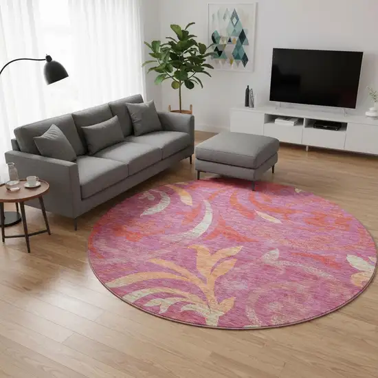 8' Blush Orange And Red Floral Washable Round Rug With UV Protection Photo 2