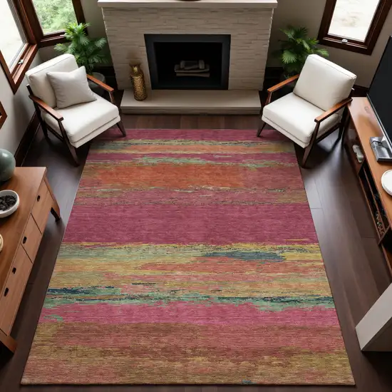 8' Blush Orange And Teal Abstract Washable Area Rug With UV Protection Photo 2