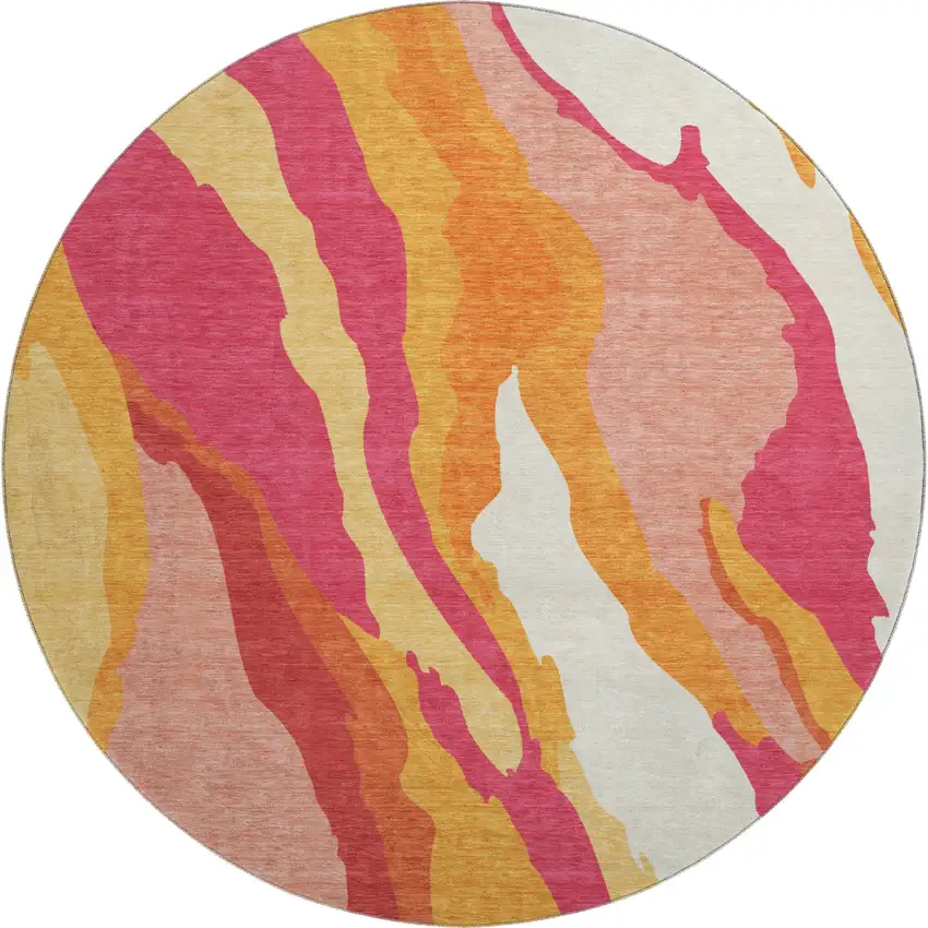 8' Blush Orange And Wheat Abstract Washable Round Rug With UV Protection Photo 1