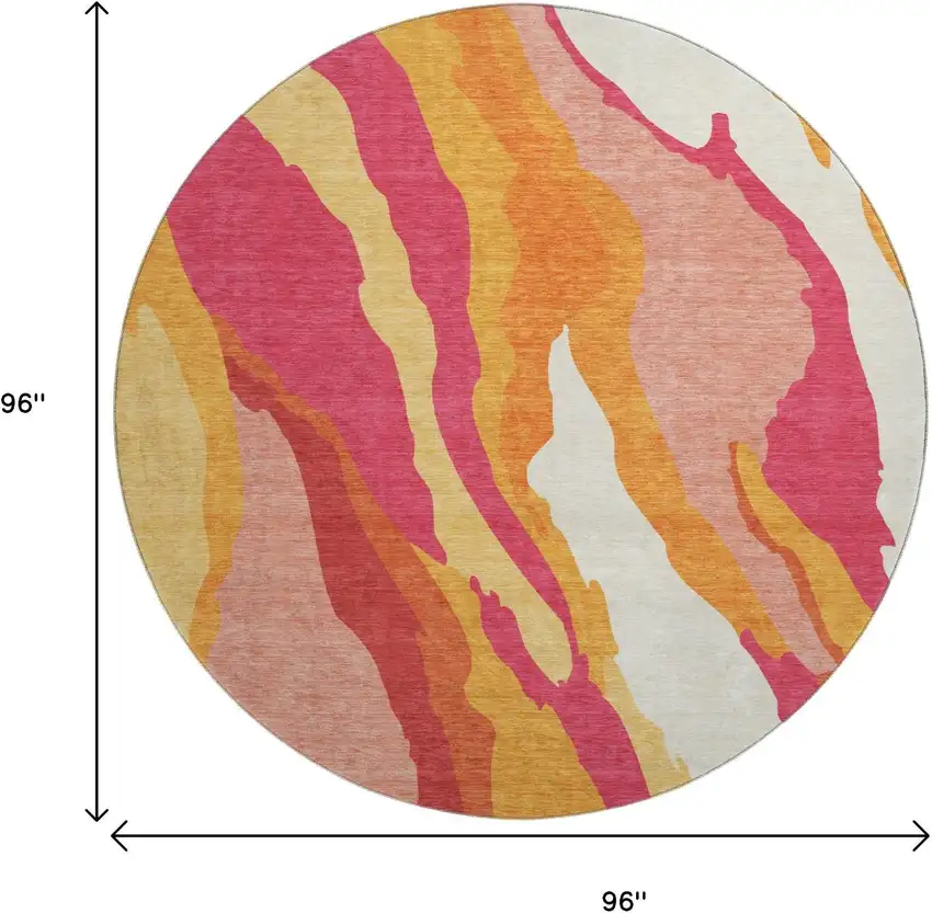 8' Blush Orange And Wheat Abstract Washable Round Rug With UV Protection Photo 9