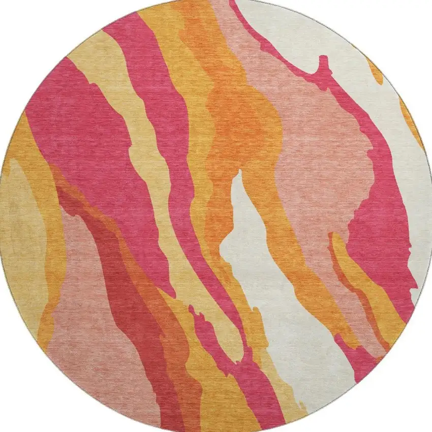 8' Blush Orange And Wheat Abstract Washable Round Rug With UV Protection Photo 3