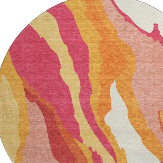 8' Blush Orange And Wheat Abstract Washable Round Rug With UV Protection Photo 2