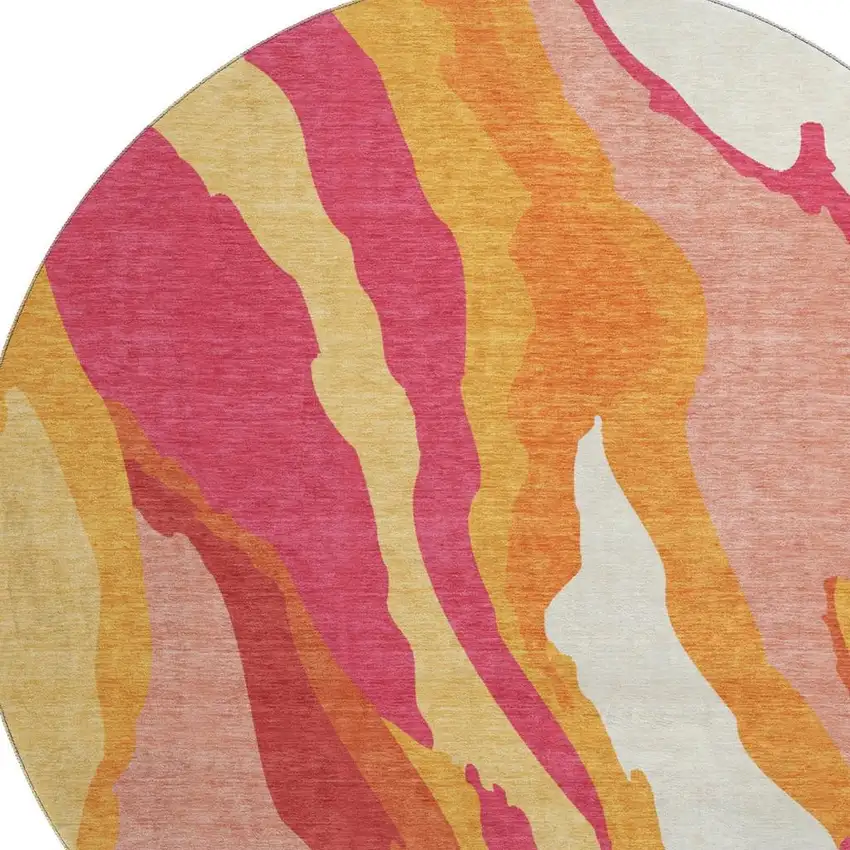 8' Blush Orange And Wheat Abstract Washable Round Rug With UV Protection Photo 2