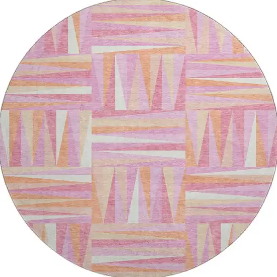 8' Blush Peach And Ivory Geometric Washable Round Rug With UV Protection Photo 2
