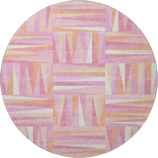8' Blush Peach And Ivory Geometric Washable Round Rug With UV Protection Photo 3