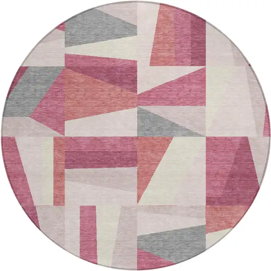 8' Blush Pewter And Ivory Round Geometric Washable Indoor Outdoor Area Rug Photo 2