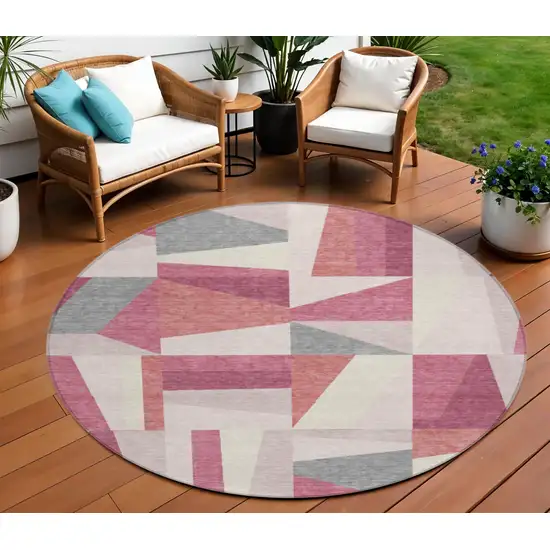 8' Blush Pewter And Ivory Round Geometric Washable Indoor Outdoor Area Rug Photo 1