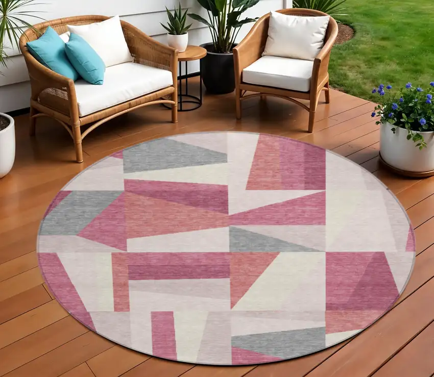 8' Blush Pewter And Ivory Round Geometric Washable Indoor Outdoor Area Rug Photo 1