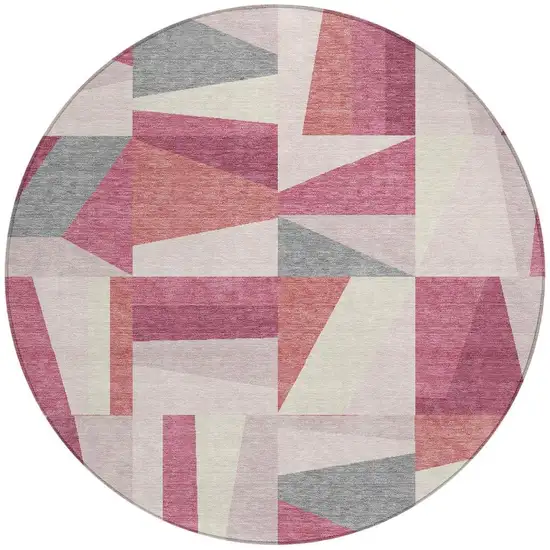 8' Blush Pewter And Ivory Round Geometric Washable Indoor Outdoor Area Rug Photo 4