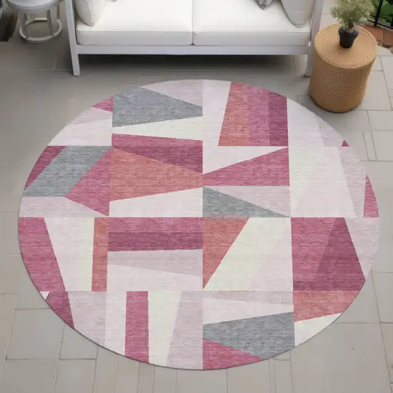 8' Blush Pewter And Ivory Round Geometric Washable Indoor Outdoor Area Rug Photo 7
