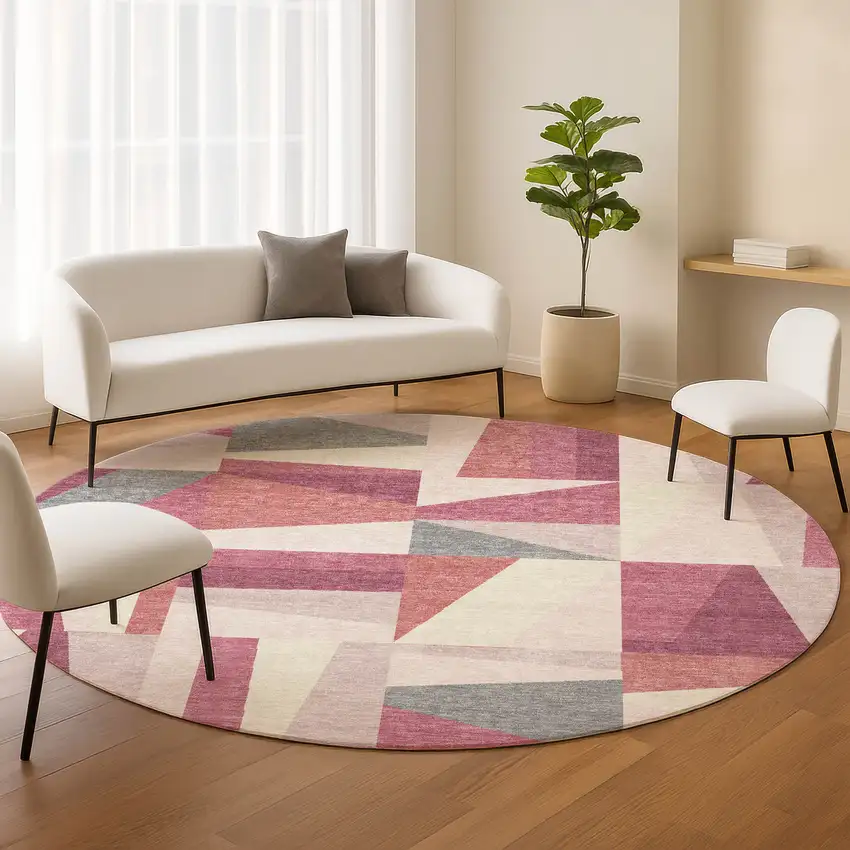 8' Blush Pewter And Ivory Round Geometric Washable Indoor Outdoor Area Rug Photo 9